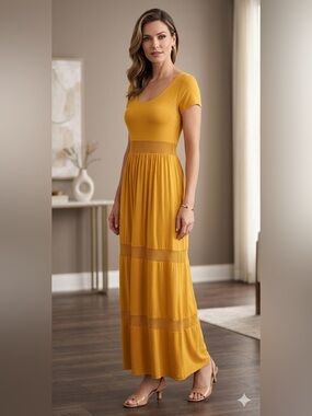 Cable & Gauge Mustard Short-Sleeve Maxi Dress. Size: Small